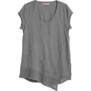 FLAX 100% Linen Tunic Womens Medium Grey Asymmetrical Wrap Short Sleeve Top